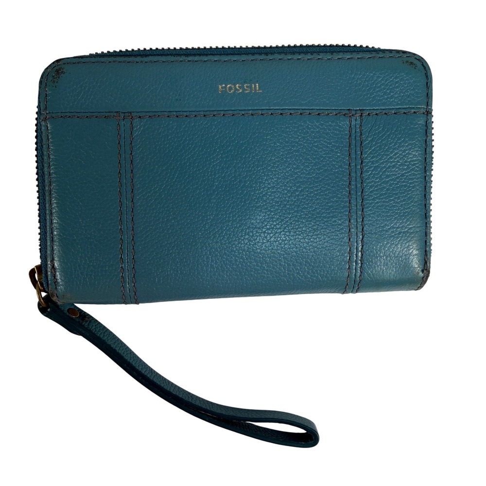 Fossil Logan Zip Around Clutch Wallet Wristlet Pebbled Leather‎ Teal Blue Travel